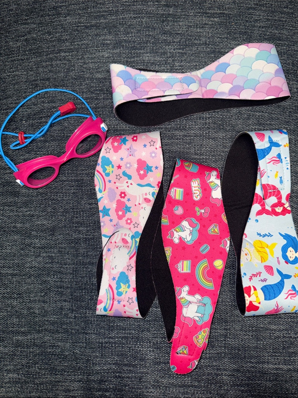 Cute Kids Swim Headbands and Pink Goggles Set - Unicorn & Mermaid Prints